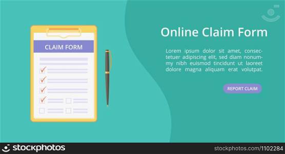 Claim form on clipboard with pen landing page concept. Website page vector template, check list on board with clip. Online claim form service landing concept green illustration with pen and clipboard. Claim form on clipboard with pen landing page