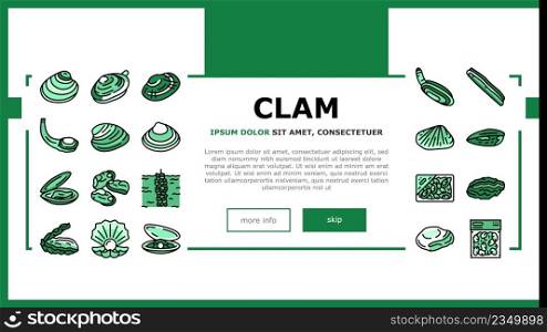 Clam Marine Sea Farm Nutrition Landing Web Page Header Banner Template Vector. Ocean Quahog And Surf Clam, Pearl Oyster Shell Mussel Donax And Pacific Geoduck . Seafood Delicious Nutrient Illustration. Clam Marine Sea Farm Nutrition Landing Header Vector