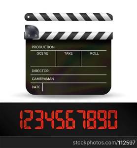 Clapper Board Vector. Digital Film Movie Clapper Board With Red Digital Numbers.. Clapper Board Vector. Digital Film Movie Clapper Board With Red Digital Number