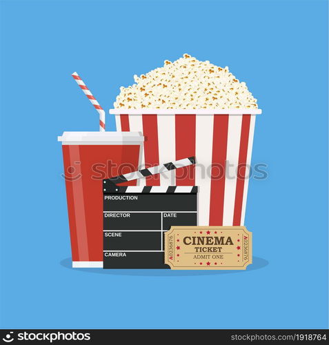 clapperboard and popcorn and ticket movie. Vector illustration in flat style. clapperboard and popcorn and ticket movie