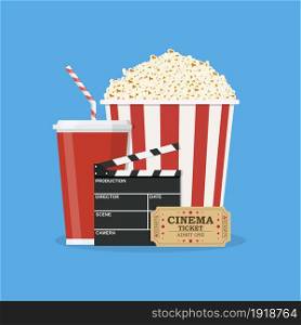 clapperboard and popcorn and ticket movie. Vector illustration in flat style. clapperboard and popcorn and ticket movie