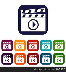 Clapperboard for movie shooting icons set vector illustration in flat style in colors red, blue, green, and other. Clapperboard for movie shooting icons set