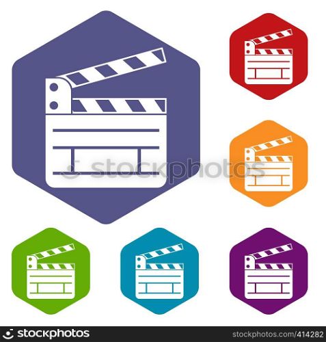 Clapperboard icons set rhombus in different colors isolated on white background. Clapperboard icons set