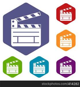 Clapperboard icons set rhombus in different colors isolated on white background. Clapperboard icons set