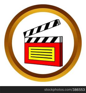 Clapperboard vector icon in golden circle, cartoon style isolated on white background. Clapperboard vector icon