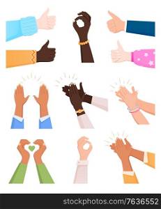 Clapping ok heart hands applause flat icon set of isolated human hand images on blank background vector illustration