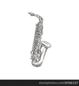Clarinet or saxophone isolated musical instrument sketch. Vector woodwind sax or bass orchestra trumpet. Saxophone isolated woodwind musical instrument
