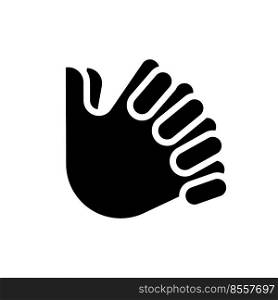 Clasped hands black glyph icon. Crossed fingers. Body language signal. Closed pose. Emotional problem. Silhouette symbol on white space. Solid pictogram. Vector isolated illustration. Clasped hands black glyph icon