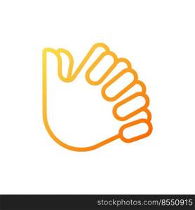 Clasped hands pixel perfect gradient linear vector icon. Crossed fingers. Body language signal. Closed pose. Thin line color symbol. Modern style pictogram. Vector isolated outline drawing. Clasped hands pixel perfect gradient linear vector icon