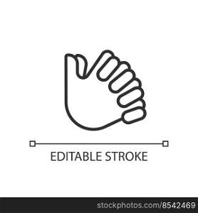 Clasped hands pixel perfect linear icon. Crossed fingers. Body language signal. Closed pose. Thin line illustration. Contour symbol. Vector outline drawing. Editable stroke. Arial font used. Clasped hands pixel perfect linear icon