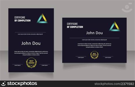 Class completion certificate design template set. Vector diploma with customized copyspace and borders. Printable document for awards and recognition. Teco Light, Semibold, Arial Regular fonts used. Class completion certificate design template set