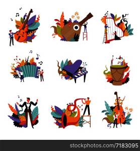 Class music, instruments and musicians on concert isolated set vector. Piano and accordion, trumpet and violin, drums and strings. Talented people playing foliage and decorative leaves, notes. Class music, instruments and musicians on concert isolated set v