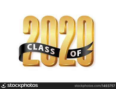 Class of 2020 Gold Lettering Graduation 3d logo with black ribbon. Template for graduation design, party, high school or college graduate, yearbook. Vector illustration. Class of 2020 Gold Lettering Graduation 3d logo with black ribbon. Graduate design yearbook Vector illustration