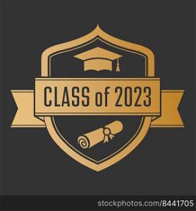 Class of 2023. The graduate’s emblem with a cap and a scroll. Vector illustration for diploma, certificate, thematic and creative design