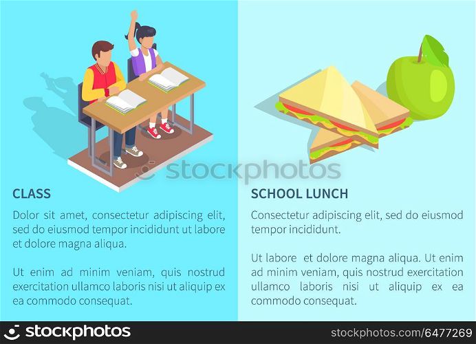 Class with Two Students and Apple near Sandwich. Class with two students boy and girl sitting at desk with open textbooks and school lunch apple and sandwich vector illustrations with text on blue