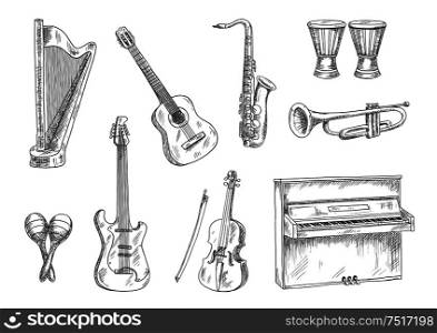 Classic acoustic and electric guitars, saxophone, violin, trumpet, upright piano, conga drums and harp sketches. Vintage engraving musical instruments icons for art, music, entertainment and education theme design usage. Musical instruments sketch icons for art design