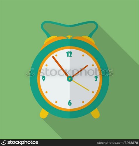 Classic alarm clock icon. Modern Flat style with a long shadow
