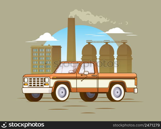 Classic american pickup truck concept with industrial manufacturing landscape in flat style vector illustration. Classic American Pickup Truck Concept