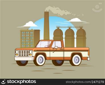 Classic american pickup truck concept with industrial manufacturing landscape in flat style vector illustration. Classic American Pickup Truck Concept