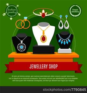 Classic and fashion jewelry decorations shop with necklaces, engagement rings, diadem, composition on green background vector illustration. Jewelry Shop Composition