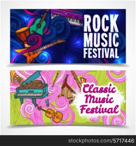 Classic and rock music festival horizontal banners set with piano guitar saxophone isolated vector illustration