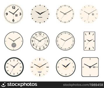 Classic and vintage clock and watch faces circle and rectangle designs. Analog clocks dial with roman numbers, hands and needle vector set. Antique mechanic equipment for decoration. Classic and vintage clock and watch faces circle and rectangle designs. Analog clocks dial with roman numbers, hands and needle vector set