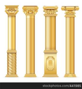 Classic antique gold columns vector set. Illustration of architecture column, architectural classic pillar. Classic antique gold columns vector set