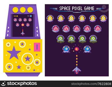 Classic arcade machine with monsters in space suits decorated with stars. Pixel aliens vintage video game vector. Spaceship shooting bullets vector illustration. 80s pixelated game. Arcade Game Machine with Alien Monsters Vector