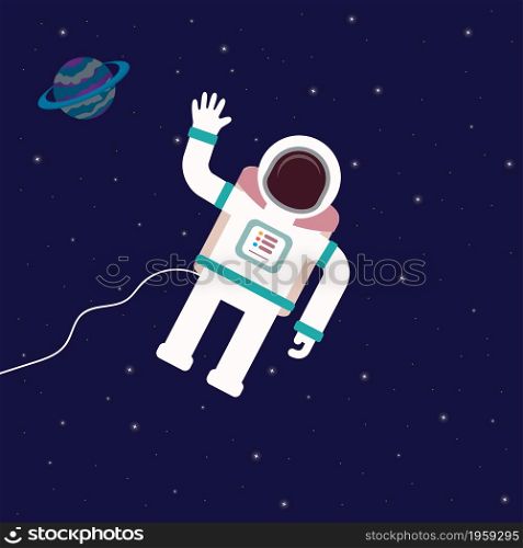 Classic astronaut character in space,stars and planet on background,flat vector illustration