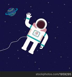 Classic astronaut character in space,stars and planet on background,flat vector illustration
