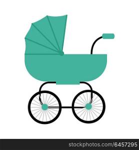 Classic Baby Carriage Vector in Flat Design.. Classic green baby carriage vector in flat style. Newborn happiness concept for parents party, baby shower invitation card. Child transportation and family walks illustration. On white background.