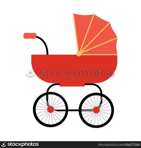 Classic Baby Carriage Vector in Flat Design.. Classic red baby carriage vector in flat style. Newborn happiness concept for parents party, baby shower invitation card. Child transportation and family walks illustration. On white background.