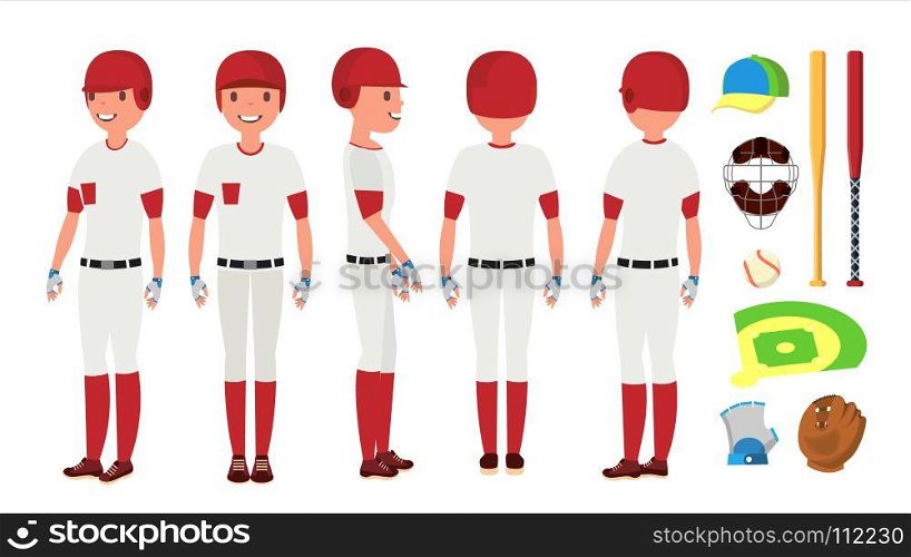 Classic Baseball Player Vector. Classic Uniform. Different Action Poses. Flat Cartoon Illustration. Professional Baseball Player Vector. Powerful Hitter. Dynamic Action On The Stadium. Isolated On White Cartoon Character Illustration