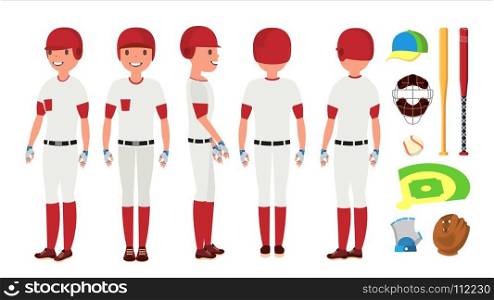 Classic Baseball Player Vector. Classic Uniform. Different Action Poses. Flat Cartoon Illustration. Professional Baseball Player Vector. Powerful Hitter. Dynamic Action On The Stadium. Isolated On White Cartoon Character Illustration