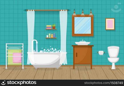 Classic Bathroom Interior Clean Room Wooden Accent Furniture Flat Design