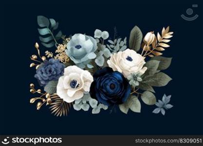 Classic blue and white rose white hydrangea ranunculus composition bouquet. Vector illustration desing.