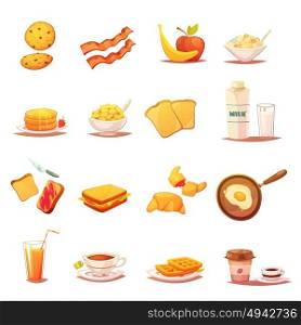 Classic Breakfast Elements Retro Icons Set . Classic breakfast icons collection with beacon fruits croissant milk and english tea abstract retro isolated vector illustration