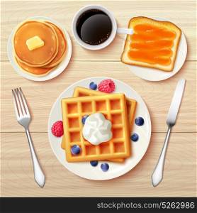 Classic Breakfast Top View Realistic Image . Sweet classic breakfast with waffles berries jam toast pancakes and black coffee top view realistic vector illustration