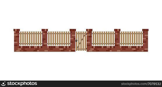 Classic brick fence with wood planks and gate . Classic brick fence with wood planks and gate in flat style.