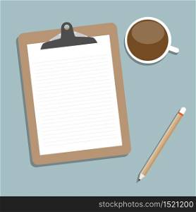 Classic brown clipboard with blank white paper. with coffee and a pencil put alongside. Vector illustration.