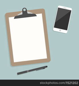 Classic brown clipboard with blank white paper. with smartphone and a pencil put alongside Vector illustration.