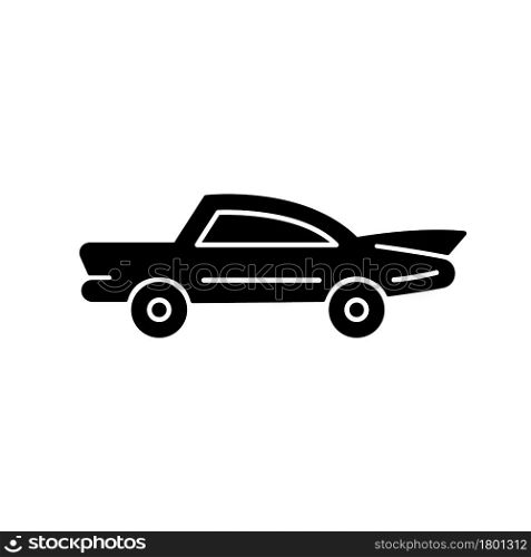 Classic car black glyph icon. Nostalgic value. Vintage automobile. Original production model. Luxury auto for car collector. Silhouette symbol on white space. Vector isolated illustration. Classic car black glyph icon
