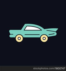 Classic car RGB color icon for dark theme. Nostalgic value. Vintage automobile. Original production model. Isolated vector illustration on night mode background. Simple filled line drawing on black. Classic car RGB color icon for dark theme