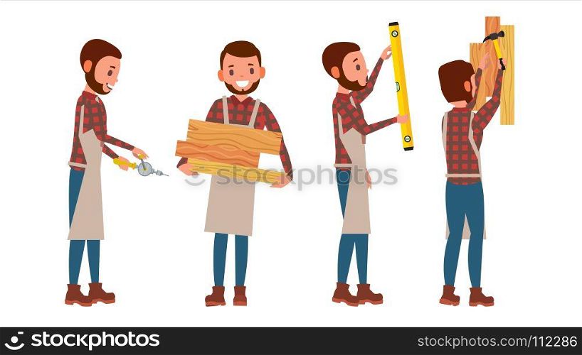 Classic Carpenter Vector. Joiner, Foreman, Engineer. Flat Cartoon Illustration. Carpenter Vector. Worker. Different Poses. Full Length Flat Cartoon Illustration
