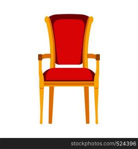 Classic chair red vector icon front view. Furniture home interior isolated. Retro luxury room sit. Cartoon sofa flat stool