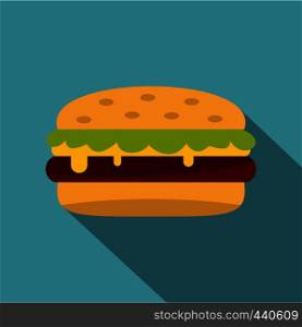 Classic cheeseburger with lettuce icon. Flat illustration of classic cheeseburger with lettuce vector icon for web on baby blue background. Classic cheeseburger with lettuce icon, flat style