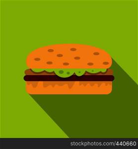 Classic chicken burger icon. Flat illustration of classic chicken burger vector icon for web on lime background. Classic chicken burger icon, flat style