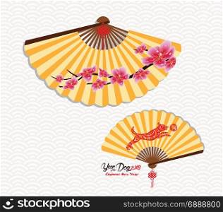 Classic Chinese new year blossom and oriental folding Paper Fan. Year of the dog. Chinese character hieroglyph: Dog