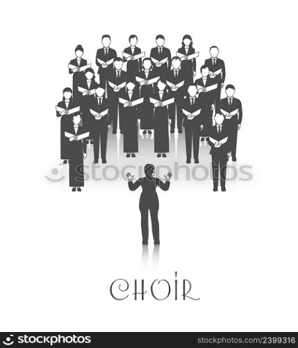 Classic choir performance with sheet music led by conductor dressed in black on white background vector illustration. Choir Peroforrmance Black Image