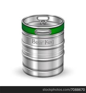 Classic Chrome Metallic Beer Keg Barrel Vector. Blank Standard Aluminum Keg For Delivery To Tavern Alcoholic Brewing Lager Drink Production. Steel Container Realistic 3d Illustration. Classic Chrome Metallic Beer Keg Barrel Vector